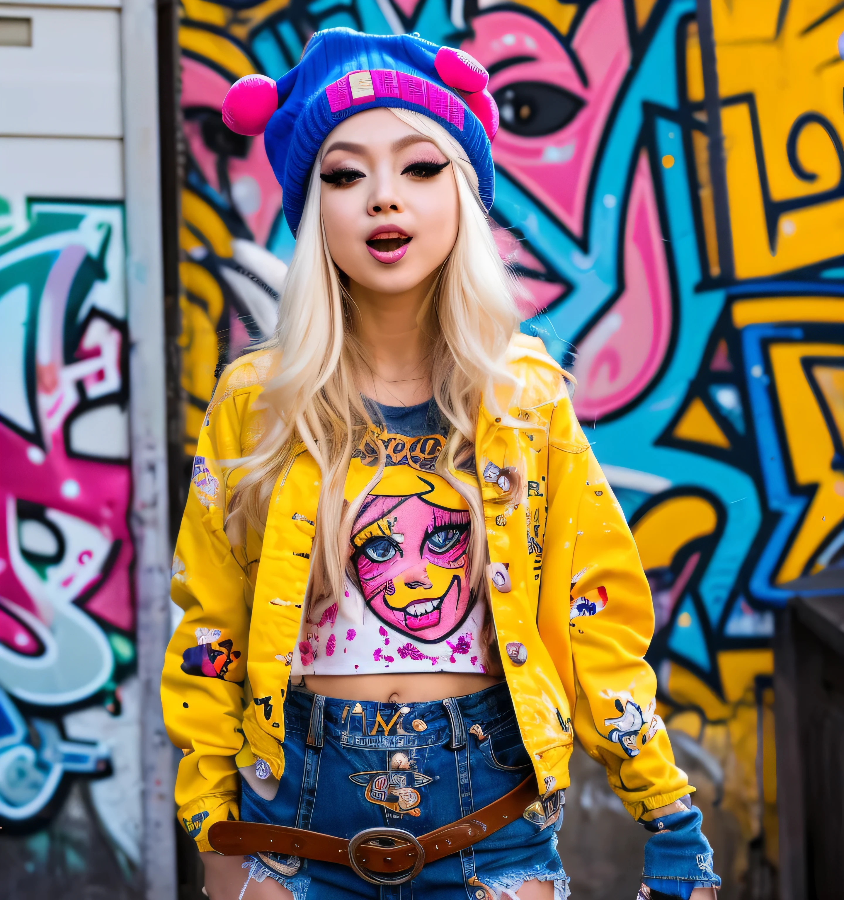 original character, volumetric lighting, best shadows, shallow depth of field, Portrait of an incredibly beautiful girl, , Delicate attractive and beautiful face with seductive yellow eyes, Messy Painted Face, Sharp Eyebrows, Widely Smiling, open mouth, fangs out, Beautiful medium breasts, Blonde hair with two long layered tails, blush eyeshadow, Thick Eyelashes, Applejack Hat, Oversized pop jacket, Mini underbust t-shirt, open navel, Thin waist, Denim Jeans, With a belt with a buckle, In the graffiti alley, Dumpster, Exterior stairs, Outdoor unit, Holding can of spray paint, standing, (of the highest quality, surprising details:1.25), (Alone:1.3), Bright colored paints