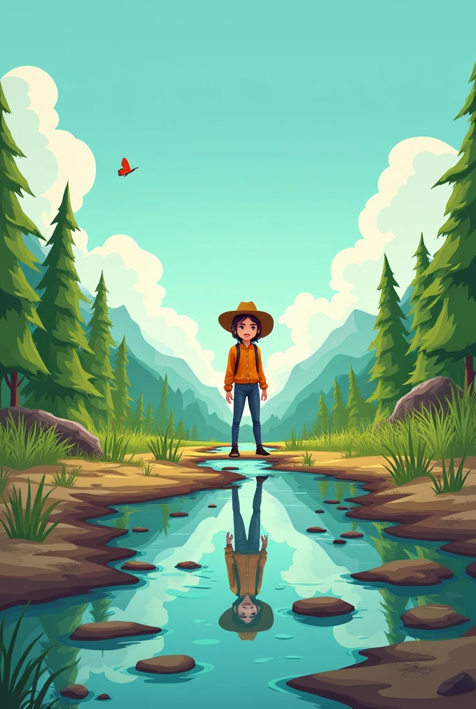 Draw a conservationist walking across a line: half depicting degraded wetlands, half a beautiful natural scene. Keep it simple, caảtoon style