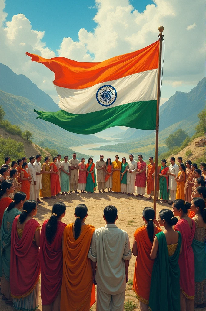 Indian maps in colour tringa and salute the tiranga and all regions people staind around the tiranga and god bless all regions people and 