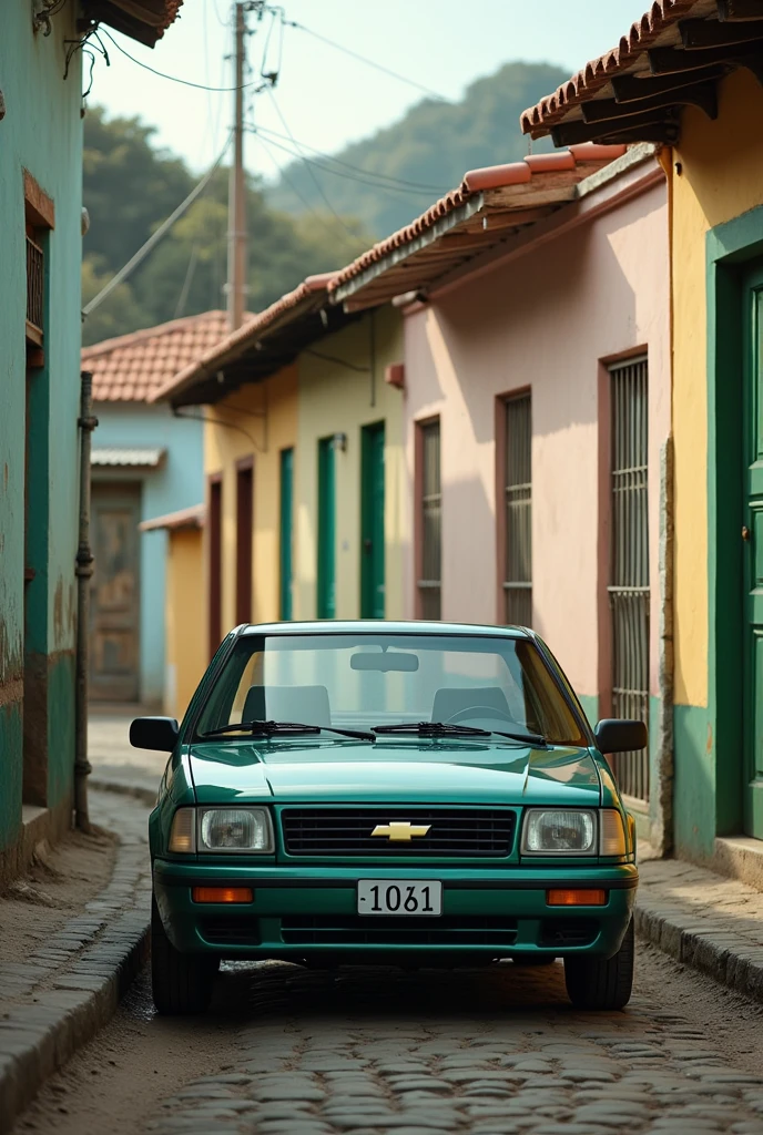 Carro Chevette dill 1993/93 metallic green with Chevrolet logo , parked on a cobblestone street, across from old houses in Maceió, looking out the window of the house.