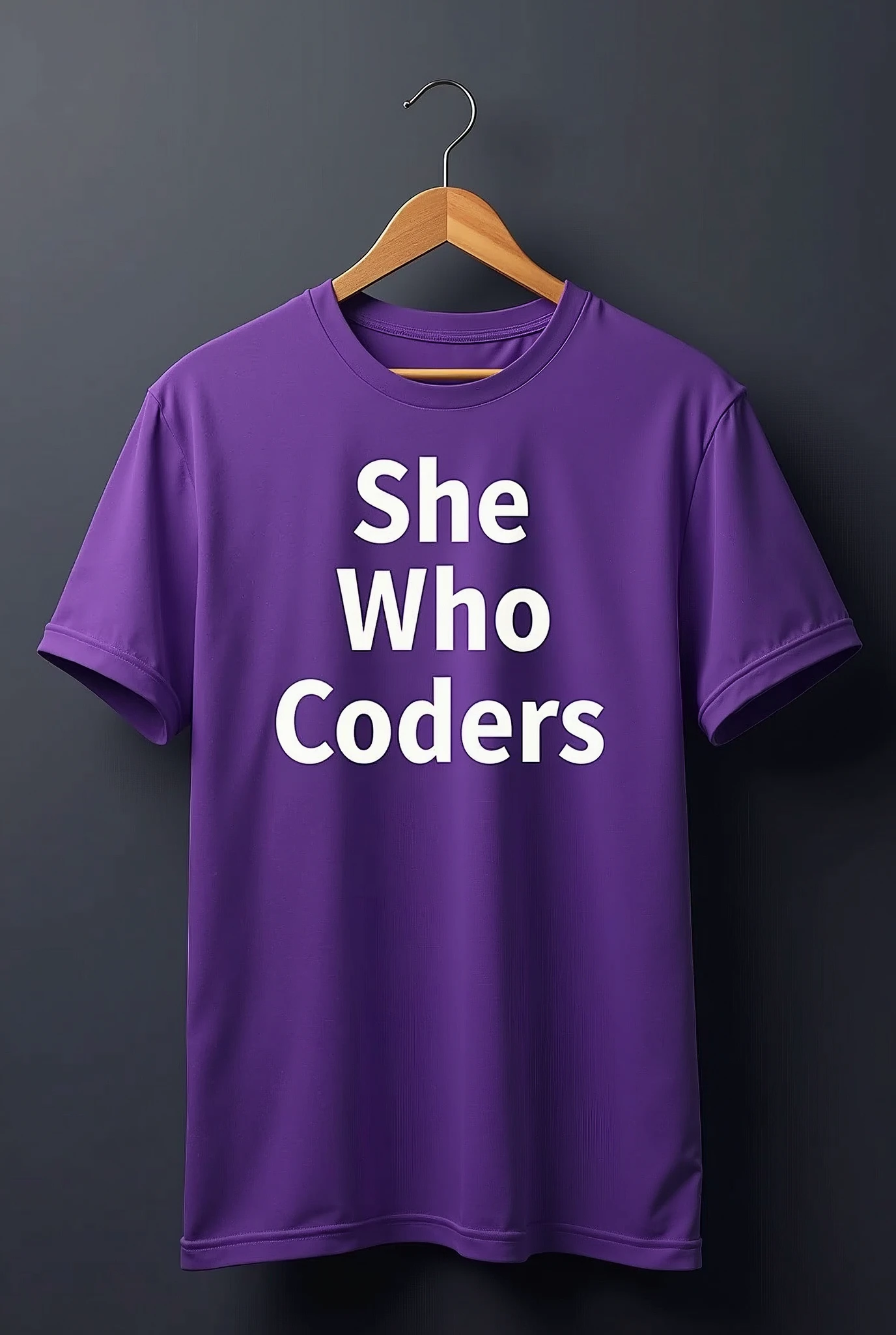 Make a purple shirt with white phrases. On the front of the shirt there will be a phrase centered at the top of the shirt "She Who Coders", use a computer or technology source.