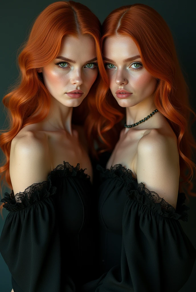 22-year-old red-haired green-eyed twins in full-length black party dresses, would you be interested?