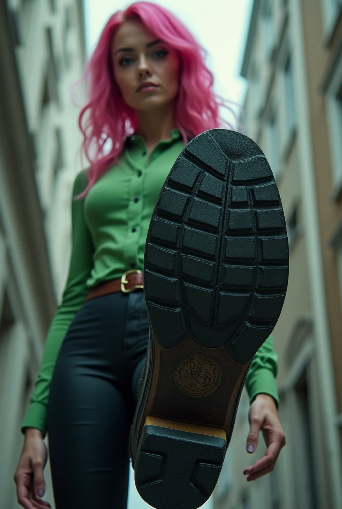 a pretty woman, 36 years old, pink hair, pretty face, Green Shirt, black tights, black riding boots, giantess, POV shot, lifts her right foot, Boot sole, FULL BODY shot