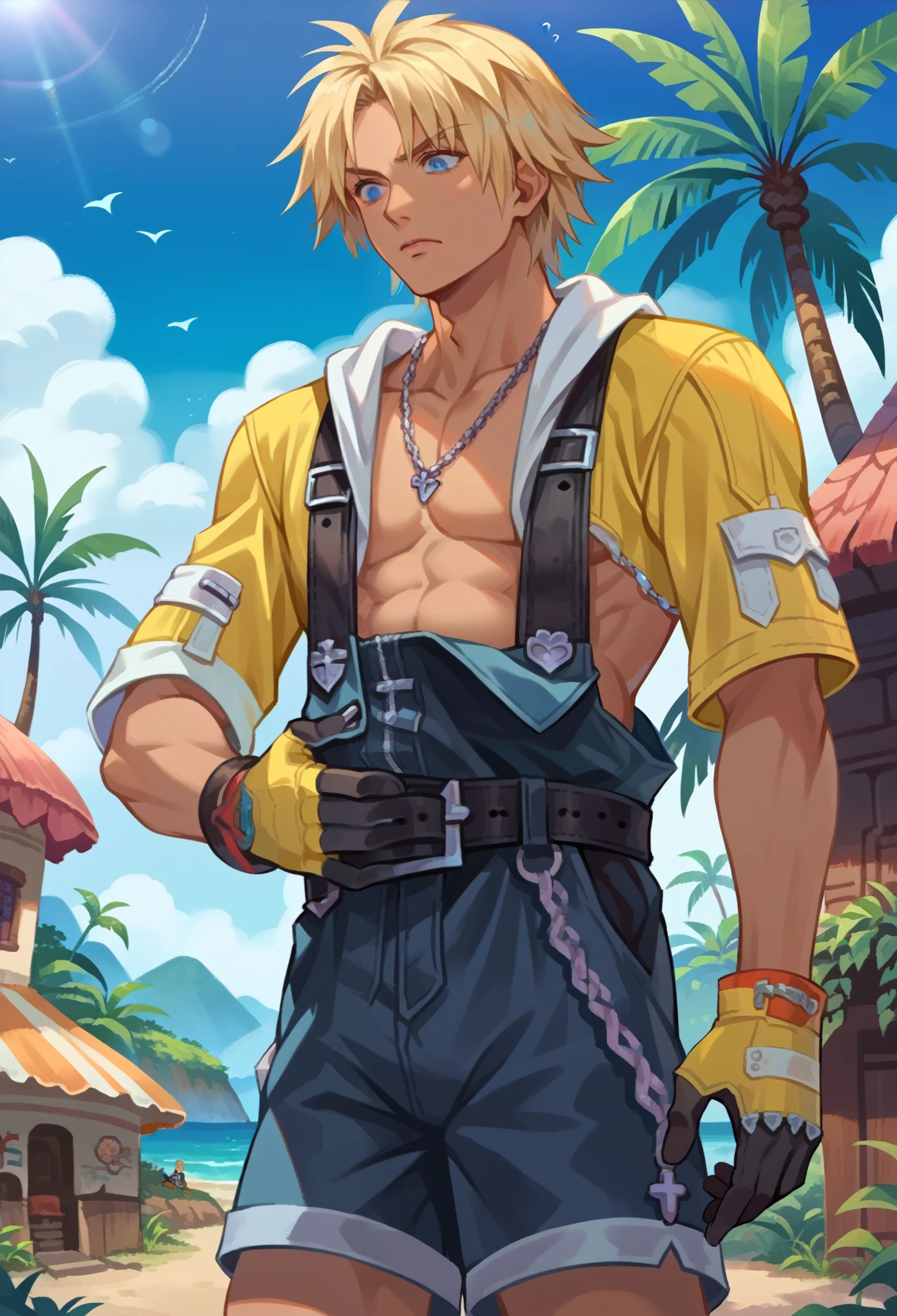 score_9, score_8_up, score_7_up, source_anime, TidusFFX, 1boy, blonde hair, dark hair roots, blue eyes, tan skin, solo, open clothes, shorts, gloves, necklace, overalls, belt, chain, standing, hand on belly, confused, looking down, tropical village