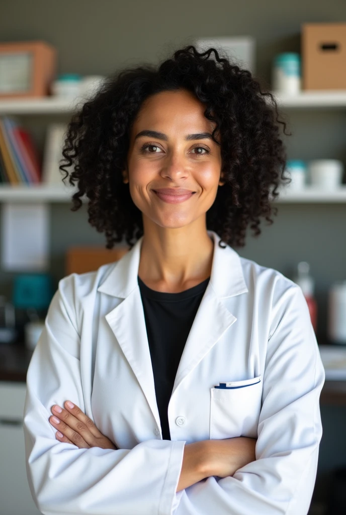 nutritionist with lab coat in her nutrition office, 38y brazilian, black hair, selfie, curly hair, front view, centered angle photo, portrait photo, black shirt, hidden smile.