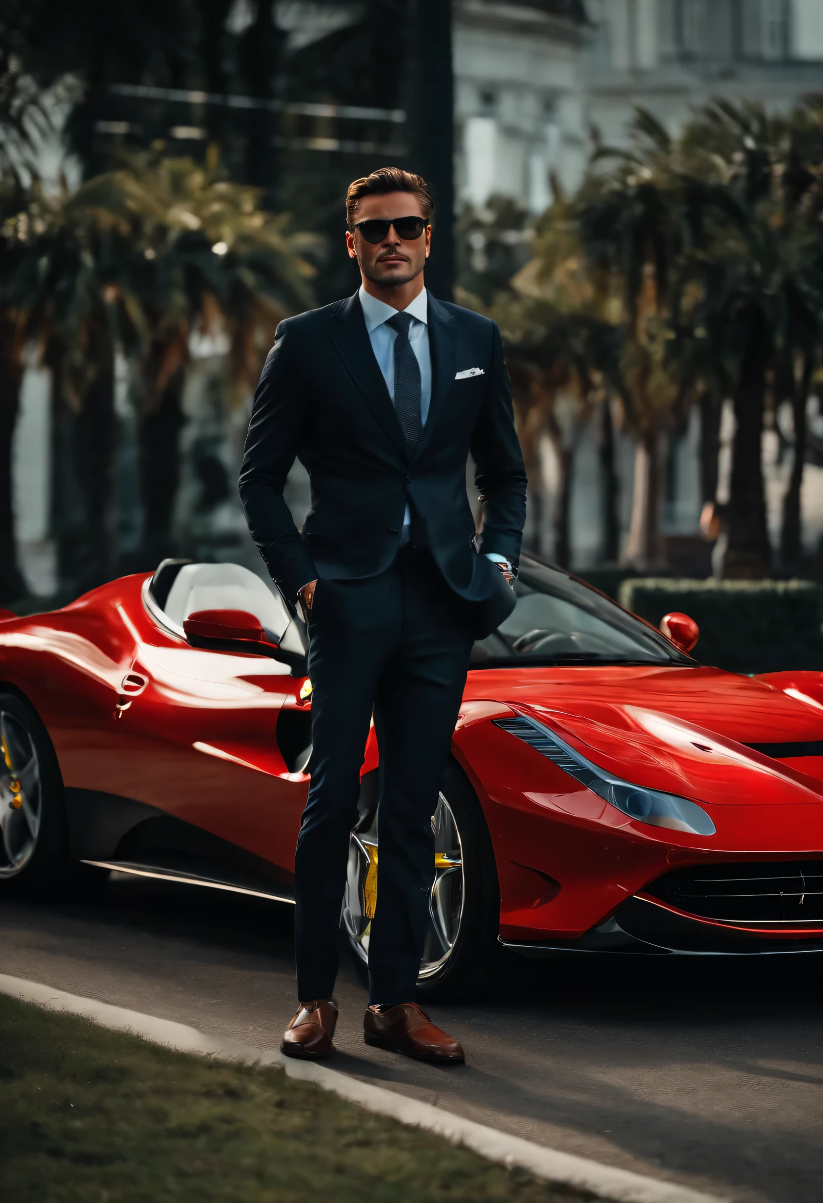 charming businessman stepping out of his private jet with ferrari parked in front