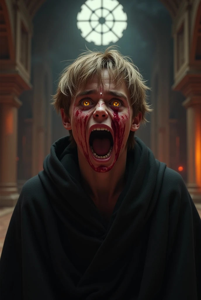 Character based on the world of Star Wars, a 15 years teenager male sith apprentice, dark blonder short hair, yellow eyes, dark simple cloats, inside a dark sith temple, high realism, perfect anatomy, perfect eyes, blood crying, frontal, screaming, 4K, 1boy