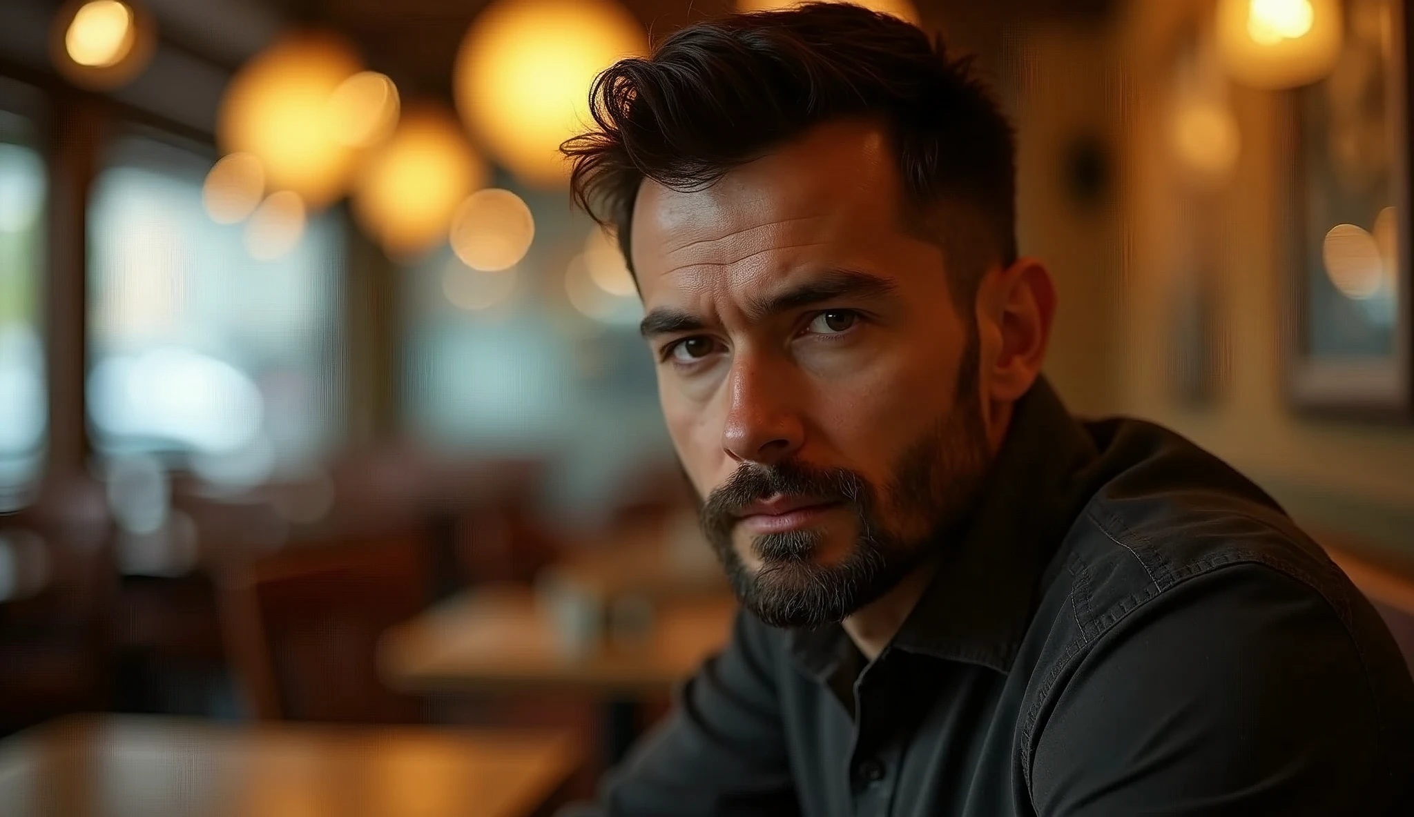 Create a professional real photo of a man in a restaurant with warm, soft lighting in the style of a golden sunset. He should have short dark hair, neatly combed, and a sparse beard evenly distributed across his face, with a serious, thoughtful expression. The focus should be on his face and eyes, which are slightly off-center and aligned with the top third of the image. The light should enter from the side, creating a soft contrast between light and shadow, highlighting the angular features of the face and adding depth with subtle shadows. The background should be blurred, creating a soft bokeh with indistinct details that suggest the presence of tables and chairs. The color palette should be dominated by warm tones of gold, orange and brown, with an emphasis on a warm, introspective atmosphere. Depth of field should be shallow, isolating the subject from the background, and sharpness should be maximum in the face and eyes, while the rest of the image is blurred. The composition should follow the rule of thirds, with the camera positioned slightly below the man's eye line to create a slight sense of elevation. The image should be of high resolution and professional photographic quality, with attention to detail and realism.