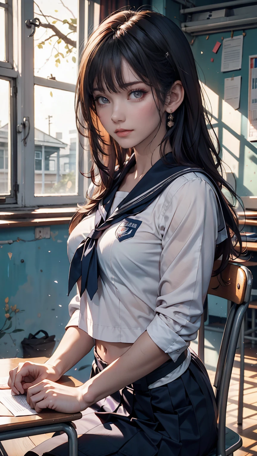 A young woman, 18 years old, with long purple hair, wearing a sailor uniform, sitting in a classroom (School 1.5 in the background) (Serious expression, Cold 1.5) (Highest quality: 1.1) (masterpiece: 1.3) with an unparalleled masterpiece, Surreal 8K, Perfect artwork, Super Detail, Highest quality, masterpiece 4K wallpaper aesthetics, masterpiece, Award-winning works, Official Art, Cinema Lighting