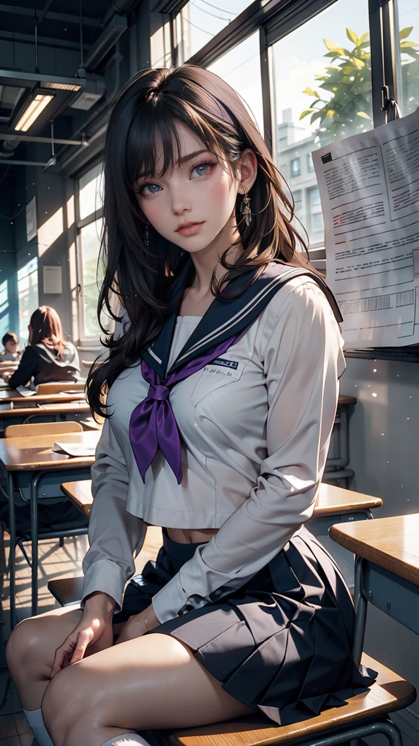 A young woman, 18 years old, with long purple hair, wearing a sailor uniform, sitting in a classroom (School 1.5 in the background) (Serious expression, Cold 1.5) (Highest quality: 1.1) (masterpiece: 1.3) with an unparalleled masterpiece, Surreal 8K, Perfect artwork, Super Detail, Highest quality, masterpiece 4K wallpaper aesthetics, masterpiece, Award-winning works, Official Art, Cinema Lighting