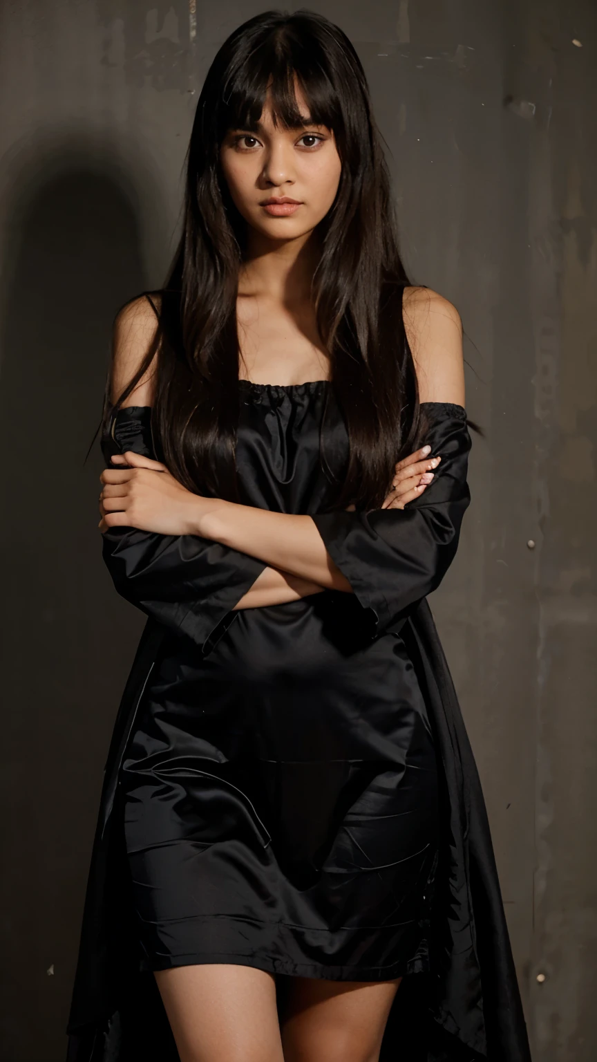 young Indian girl with long hair, silk long black dress, (standing), all body on the picture, poker face, with asian eyes, bangs hair