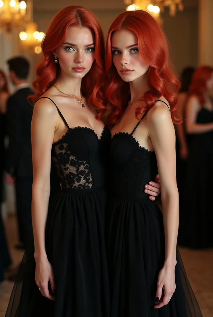 22-year-old red-haired green-eyed twins in full-length black party dresses, would you be interested?