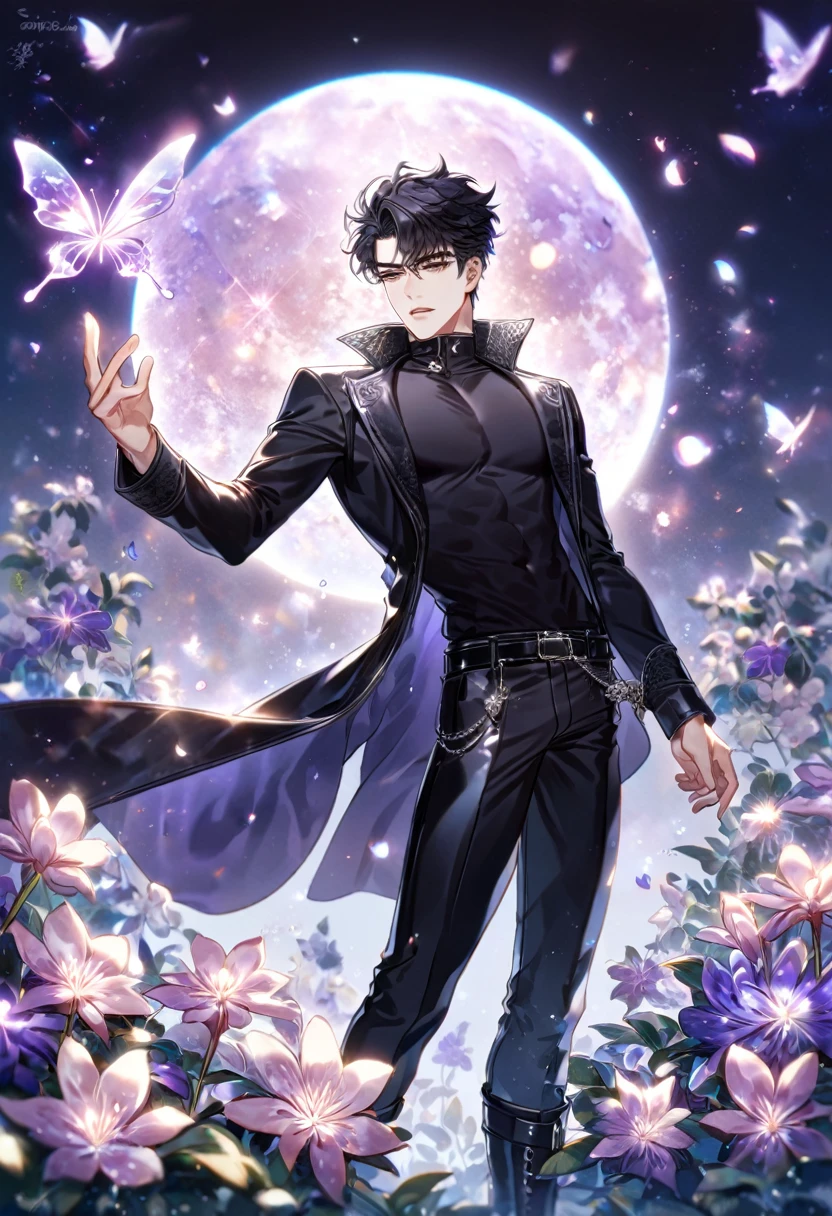 absurdres, highres, ultra detailed, HDR) master piece, best quality, extremely detailed, delicated features, Yoo Joonghyuk, black hair, expressive gray eyes, Omniscient Reader's Viewpoint, solo, sexy man, handsome, sensual, black coat, black tight turtleneck shirt, black belts, black fitting pants, black boots, fantasy, magical, glittering, shining, purple flames, purple moon, purple flowers, purple butterflies, garden