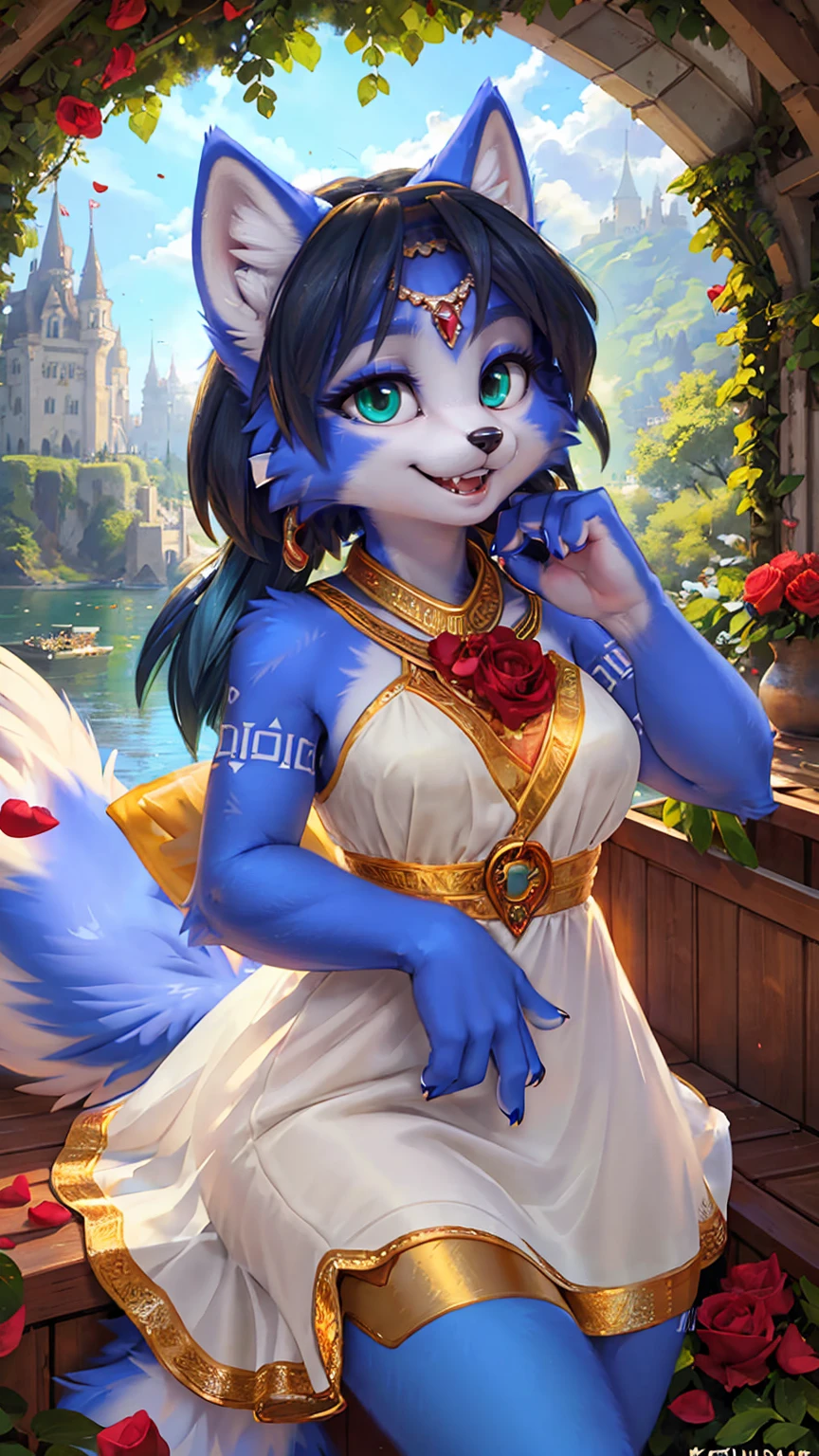 A beautiful and detailed (sweet picture) wa ((krystal)), Star Fox Krystal, sslim, lovable, green eyes, medium breasts, (((Long blue hair 1.3))),  ((Tips for black hair)), Decollete, grin, look up,, anthro, furry, Uploaded E621, detailed fluffy fur, (wa Fluff-Kevlar, Bayard Wu, personalize me, Pino Daeni), detailed face, (fluffy), 1 girl, alone, sweet girl, alone,  
View of the beautiful surroundings, detailed background, Happy, Leaf dress, sfw, Kirschblütenbaum, floating in a boat, four fingers, detailed hands, Rose petals, See, white castle