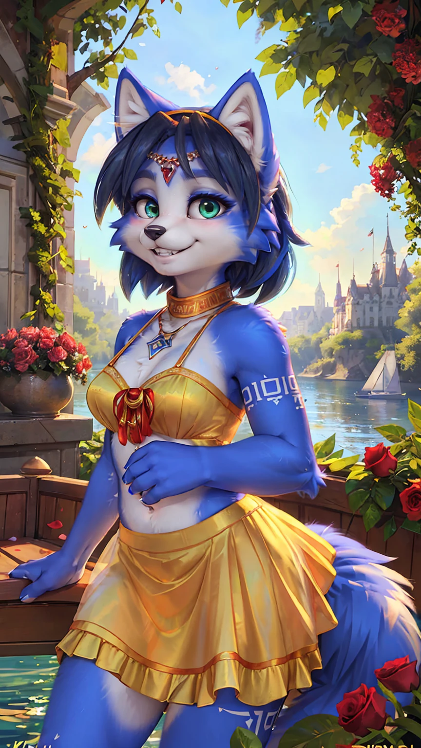 A beautiful and detailed (sweet picture) wa ((krystal)), Star Fox Krystal, sslim, lovable, green eyes, medium breasts, (((Long blue hair 1.3))), ((Tips for black hair)), Decollete, grin, look up,, anthro, furry, Uploaded E621, detailed fluffy fur, (wa Fluff-Kevlar, Bayard Wu, personalize me, Pino Daeni), detailed face, (fluffy), 1 girl, alone, sweet girl, alone,
View of the beautiful surroundings, detailed background, Happy, Leaf dress, sfw, Kirschblütenbaum, floating in a boat, four fingers, detailed hands, Rose petals, See, white castle