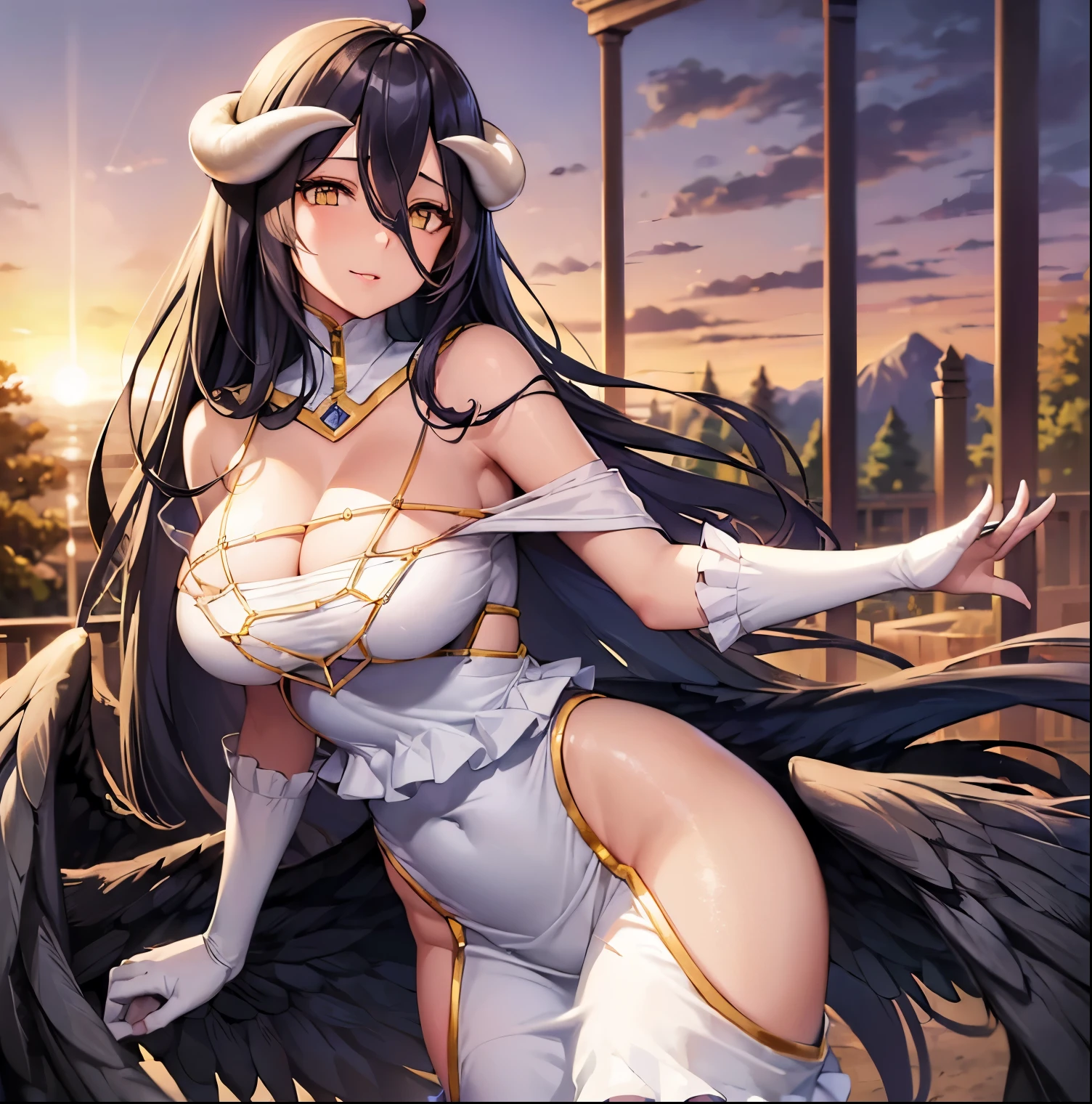 ((1girl)),((alone)),Albedo,(masterpiece), (best quality), (ultra detailed), (best illustration), (best shadow), (absurdities), sharp focus, cowboy shot, atmospheric perspective, depth of field, dynamic posture facing the viewer, large breasts, narrow waist, wide hips, wide thighs, round butt, erotic, romantic, (highly detailed eyes, lips 1.1), highly detailed eyes, eyes, highly detailed face , Very beautiful face, Symmetrical face, Aesthetic face, perfect face, perfect eyes, detailed eyelashes: 1.5), full height, beautiful slim figure, femininity, expressive appearance, elastic big breasts, sexuality, demon horns, white gloves, white dress , bare shoulders, loose neck, neckline, slit pupils, black wings, feathered wings, low wings, curves, defined body, Perfect and beautiful body, perfect and beautiful, closed mouth, smile, happy smile, blushing, (sexy pose: 1.2 ), ((solo)), standing: 1.5, ((natural landscape: 1.5, riverside: 1.5, light reflection: 1.5, trees: 1.5, temperate: 1.3, sunset: 1.4, clear sky: 1.4)), looking forward, ((focus on breasts)), point of view: (from middle), perfect anatomy, perfect hands