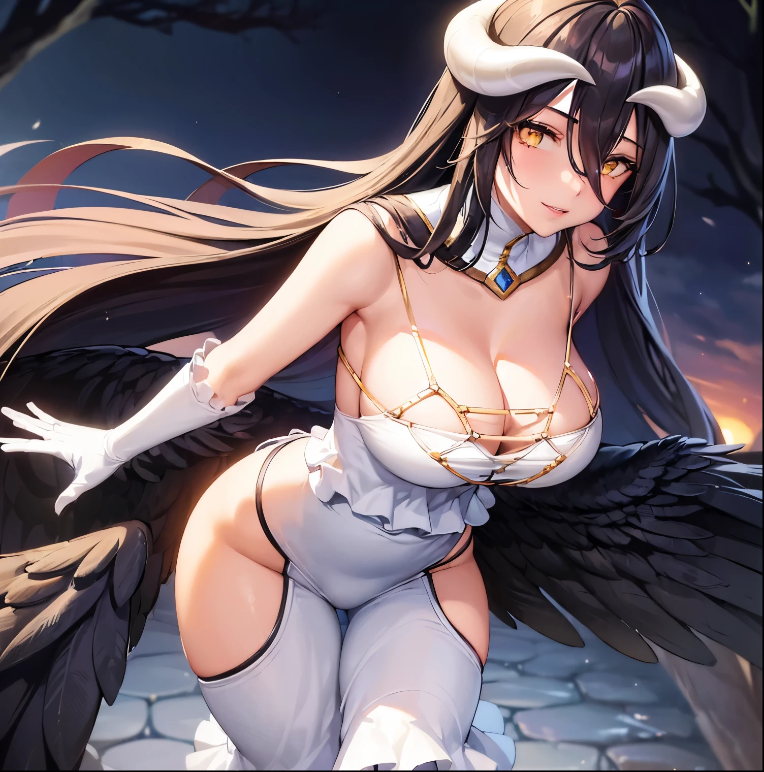 ((1girl)),((alone)),Albedo,(masterpiece), (best quality), (ultra detailed), (best illustration), (best shadow), (absurdities), sharp focus, cowboy shot, atmospheric perspective, depth of field, dynamic posture facing the viewer, large , narrow waist, wide hips, wide thighs, round butt, ec, rom (highly detailed eyes, lips 1.1), highly detailed eyes, eyes, highly detailed face , Very beautiful face, Symmetrical face, Aesthetic face, perfect face, perfect eyes, detailed eyelashes: 1.5), full height, beautiful slim figure, femininity, expressive appearance, elastic big breasts, sexun horns, whites, white dress , bare shoulders, loose neck, neckline, slit pupils, black wings, feathered wings, low wings, curves, defined body, Perfect and beautiful body, perfect and beautiful, closed mouth, smile, happy smile, blushing, (sexy pose: 1.2 ), ((solo)), standi 1.5, ((natural landscape: 1.5, riverside: 1.5, light reflection: 1.5, trees: 1.5, temperate: 1.3, sunset: 1.4, clear sky: 1.4)), looking forward, ((focus on breasts)), point of view: (from middlfect anatomy, perfect hands