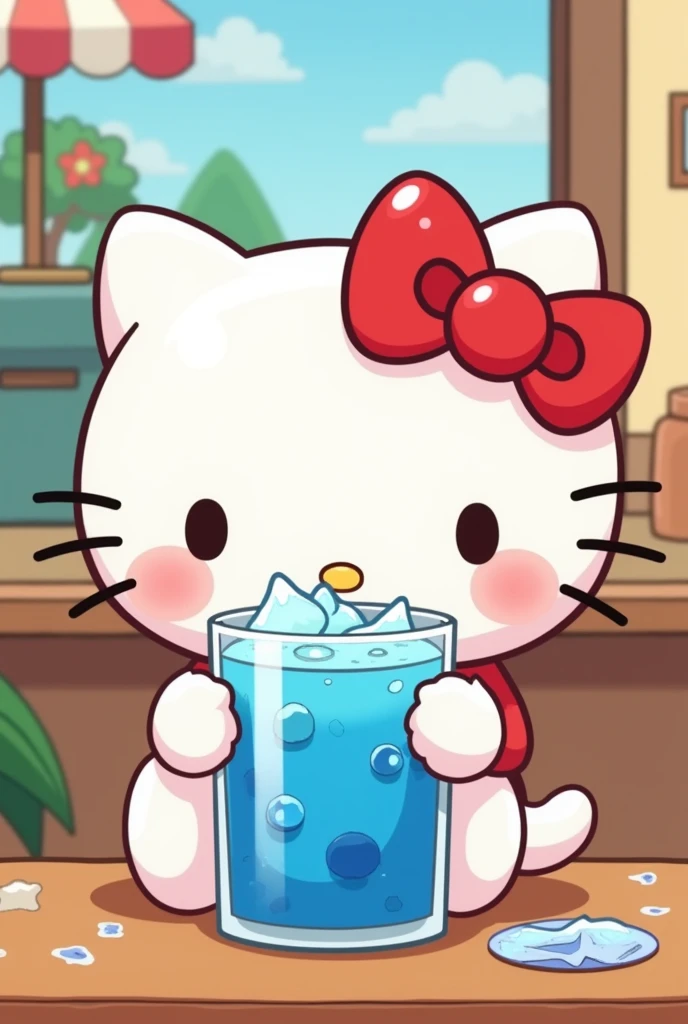 Hello kitty having a cartoon-style blue drink
