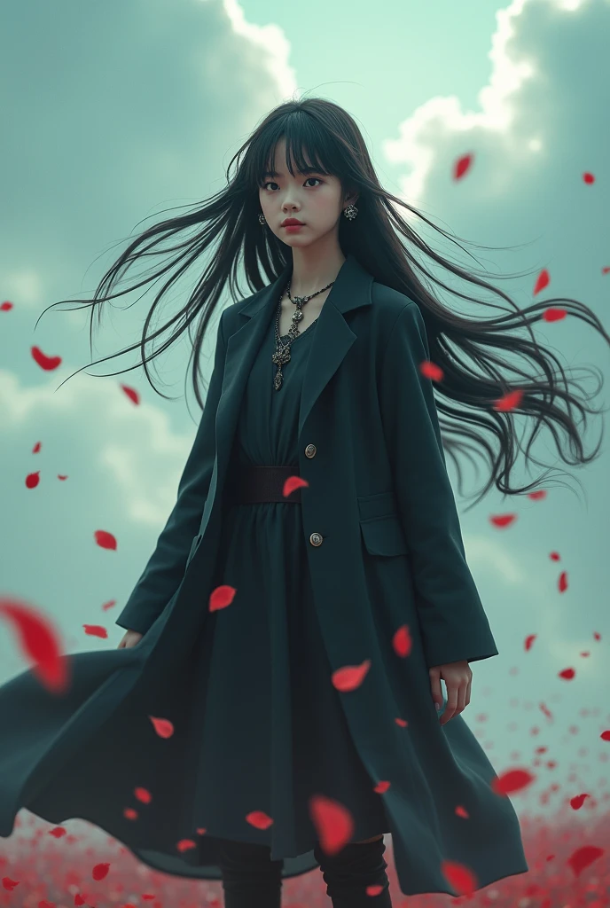 (Dynamic Angle:1.3),Close-up,windy,Movie Highlights,1 Girl,Upper Body,Facing the audience, 独自of, Jewelry, blank Eye, girl_hair,( vevry long hair:1.2),floating hairlong_sleeve, Ribbon, 黑色of_Eye, jacket, Dark trousers,Black long boots, jewels, hair_Ribbon,Sky, depth_of_site, 表情平静 a close view of flying petal,