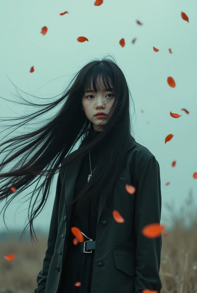 (Dynamic Angle:1.3),Close-up,windy,Movie Highlights,1 Girl,Upper Body,Facing the audience, 独自of, Jewelry, blank Eye, girl_hair,( vevry long hair:1.2),floating hairlong_sleeve, Ribbon, 黑色of_Eye, jacket, Dark trousers,Black long boots, jewels, hair_Ribbon,Sky, depth_of_site, 表情平静 a close view of flying petal,