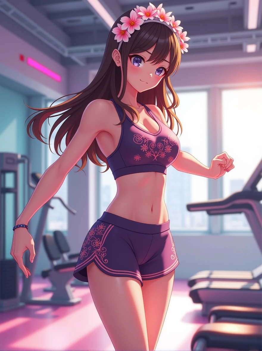 A pretty girl, 1 girl, doing aerobic exercises, in a morden exercise room, wearing a beautiful short and an exercise top, curve body, pretty eyes, niji anime version, fantasy, pretty face, long hair, flowers headband, highest quality, 8k,