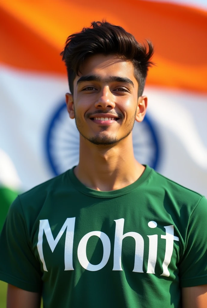 ek image 20 saal ke ladke ki jiske shirt ke centre main "Mohit " likha ho background me India ka flag ho or happy indipendent 8k ultra High quality