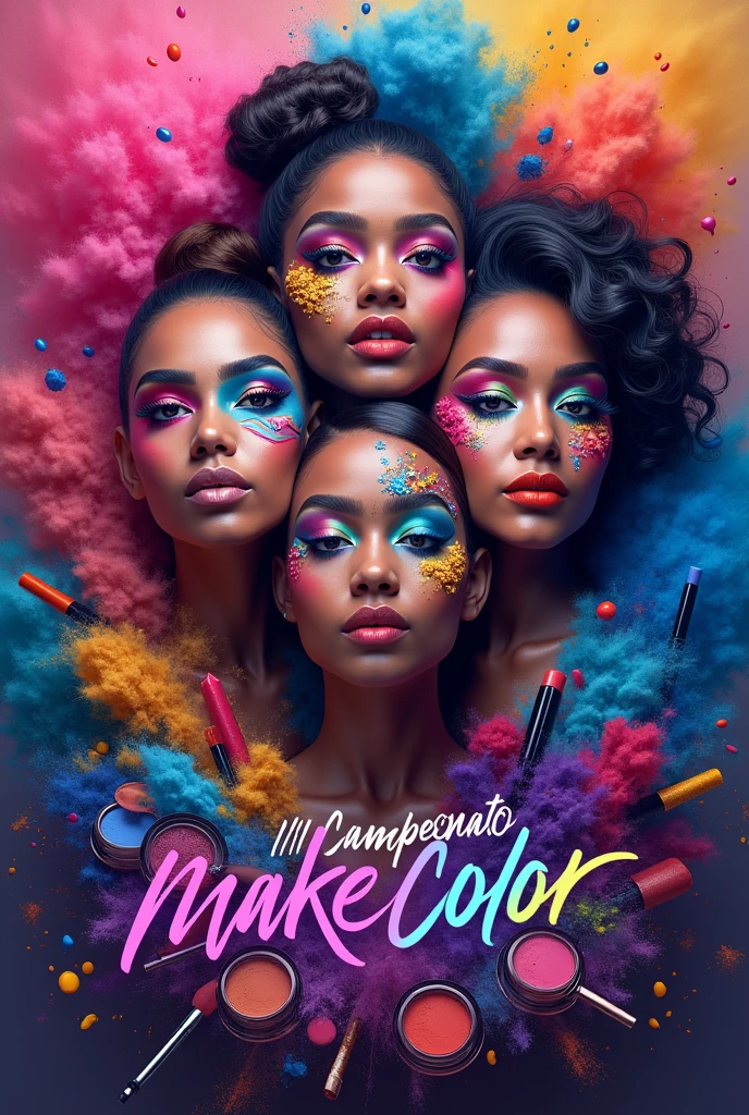 "Create an artistic image featuring three or four diverse faces of different ethnicities, each showcasing creative and vibrant makeup designs. The makeup should include bold colors and artistic elements like geometric lines, flowers, and abstract patterns, representing the creativity in makeup artistry. The background should be an explosion of colors, with a mix of bright hues like pink, blue, purple, and yellow, adding to the dynamic and creative theme. Surround the faces with makeup tools such as brushes, eyeshadow palettes, and lipsticks, arranged dynamically as if they are creating the looks. The text 'III Campeonato Make Color' should be included in a modern, artistic font with effects like glow or shadow to make it stand out.
