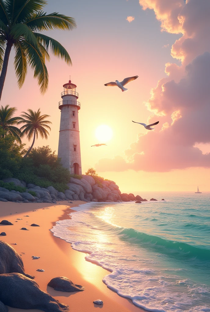 Imagine a serene coastal scene at sunrise, where the sky is painted with soft hues of pink, orange, and purple. The beach is wide, with fine, golden sand that stretches far into the distance, gently curving around a calm bay. Waves lap softly against the shore, leaving delicate foamy patterns on the wet sand. In the foreground, there are scattered seashells and small pieces of driftwood. To the left, a tall, weathered lighthouse stands on a rocky outcrop, casting a soft glow in the early morning light. A few seagulls soar above, their wings catching the first rays of sunlight. The water is a clear turquoise, with gentle ripples reflecting the colors of the sky. In the background, lush green palm trees line the edge of the beach, swaying gently in the cool breeze. The overall scene is tranquil, with a sense of calm and quietude, inviting the viewer to relax and enjoy the peaceful beauty of the early morning at the beach.