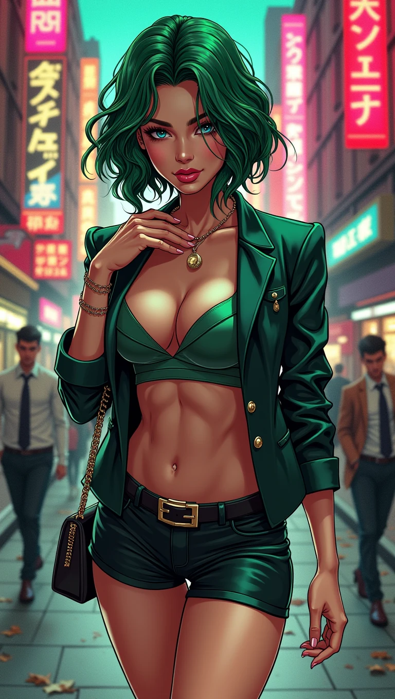 american comic book,  8 slides, [Vin] a beautiful-looking girl, human, female, 25, short green hair, slim and hot figure, wearing a sexy office suite, micro skirt and high heeled pumps.