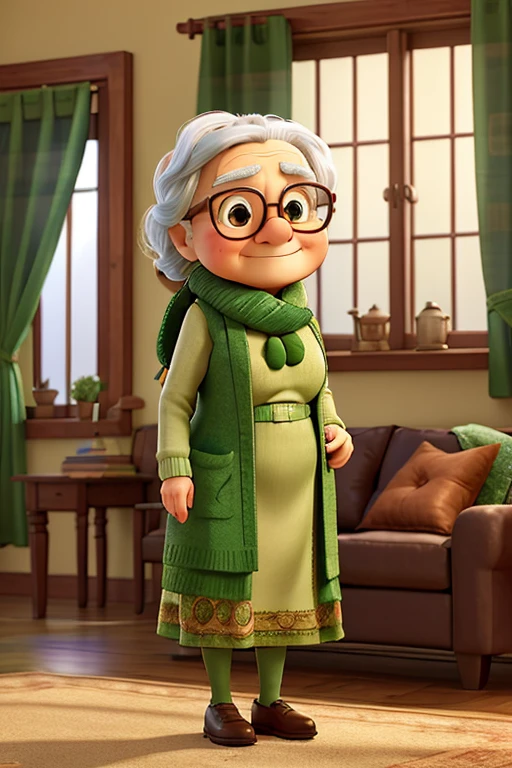 work of art, best qualityer, An old woman with glasses and a scarf, wearing a green dress, standing next to the window in the living room of your house