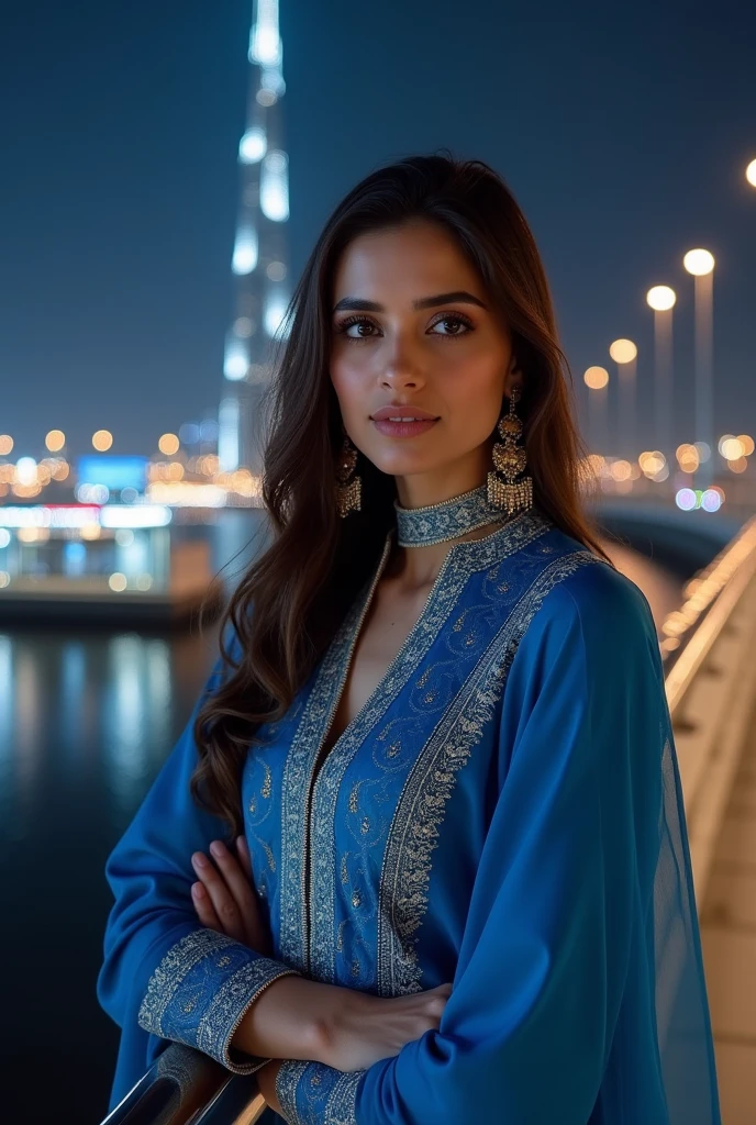 a wanna a realistic picture of human girl who is exact replica of ayeza khan having dimples and fair skin wearing eastern shalwar kamees of blue color dress standing on bridge from which clearly seen burjh khalifa full view she is far away from camera night view of full burjh khalifa tower are in front