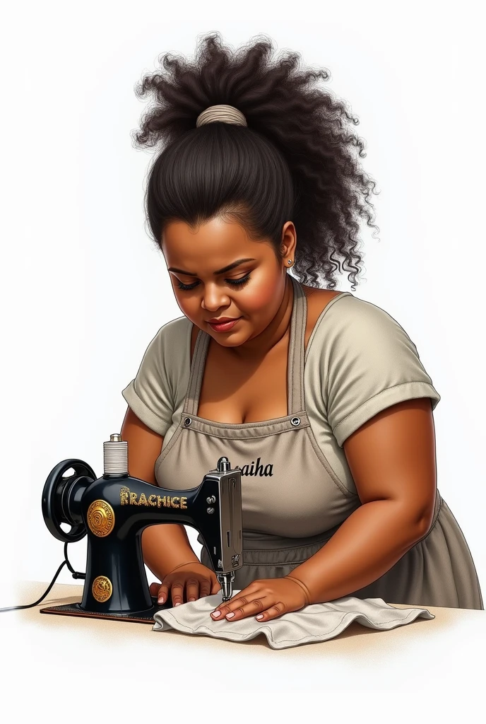 Drawing of a fat Brazilian woman with curly hair, all tied back in a ponytail in black.
Chubby and round face.
Brown skin.
Sewing with a sewing machine, white background and the apron with the name Lucinha. 
