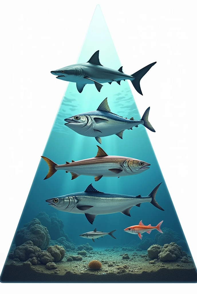 Create a realistic image of a trophic pyramid for a scientific poster. The pyramid should have a transparent PNG background. The top level of the pyramid should contain a single shark as the apex predator. The level below should feature two medium-sized ocean fish: a tuna and a mackerel. The second level should include two smaller marine animals: a sardine and a shrimp. At the base, depict two types of plankton: phytoplankton and zooplankton. The interior of the pyramid should be realistically detailed, but the exterior should be a clean, transparent PNG format.