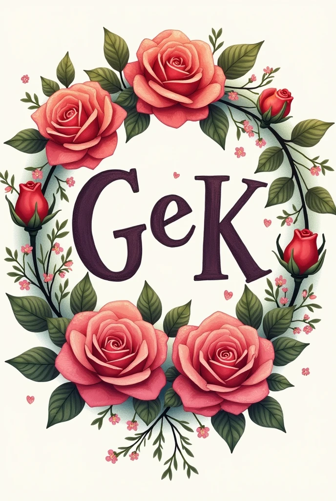 Drawing with words "G e K" wrapped in a 2D cartoon rose crown