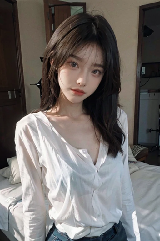 Top quality, RAW Photo, Highest Quality Image, 16K, Full body, Age 22 years old, Realistic, Photorealistic, Beautiful Asian woman, Sexy, body, White pale skin, Beautiful hair, Wavy hair, Brown Hair,, Short hairstyle, Detailed face, Detailed body, Detailed skin, Double eyelids, Big eyes, long eyelashes, bright eyes, green eyes, natural lips, detailed lips, Saggy breasts, Very Small breasts, Flat Breasts, long shape breasts, posing in bedroom studio, sunny day light, wearing white see through shirt with all unbuttoned, no bra, Camera angle from below