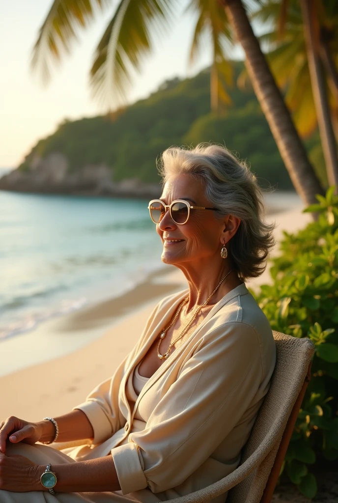 a stylish 65-year-old woman with gray hair on an island