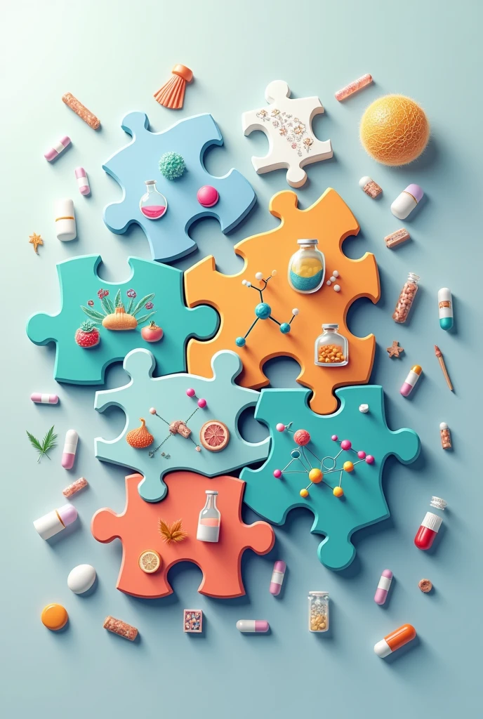 Pharmaceutical Puzzle: Use puzzle pieces with different pharmaceutical symbols (like jars, Molecules, medicinal plants) that fit together, representing how each area contributes to the whole.
in neutral tones