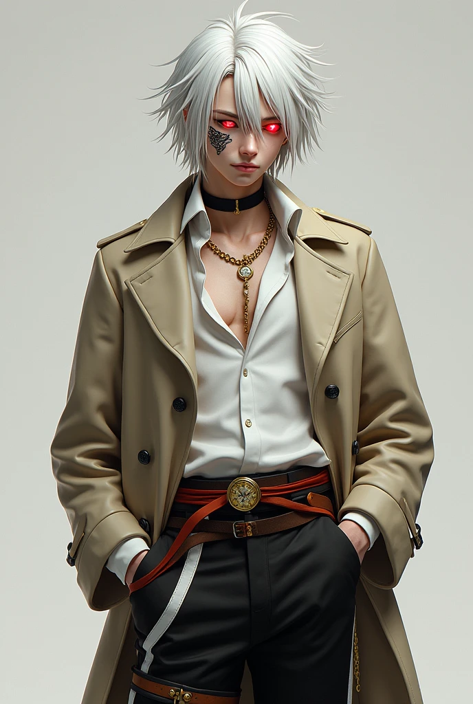 Create an image of a young man with white hair, a bit long and messy, the left eye closed with a cut scar and the right one red, wearing a beige overcoat, wearing a gold chain necklace with a watch at the end and a basic white shirt, metal arms, black pants with a red ribbon on the waist and a white stripe on the left thigh and a black boot with orange details