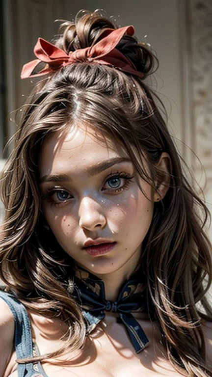 One girl, masterpiece, (Highest quality), 8k, Detailed skin texture, Detailed cloth texture, ((Beautifully detailed face:1.4)),((Dress wear)), Intricate details, Super detailed, Alice in Wonderland, (A ribbon on her head:1.1), ((Upper Body)),((Natural big breasts:1.4)),((Very beautiful big eyes))