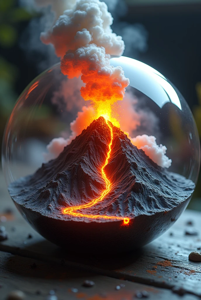 Active lava mountain in a 6 cm radius resin ball,ultra realistic