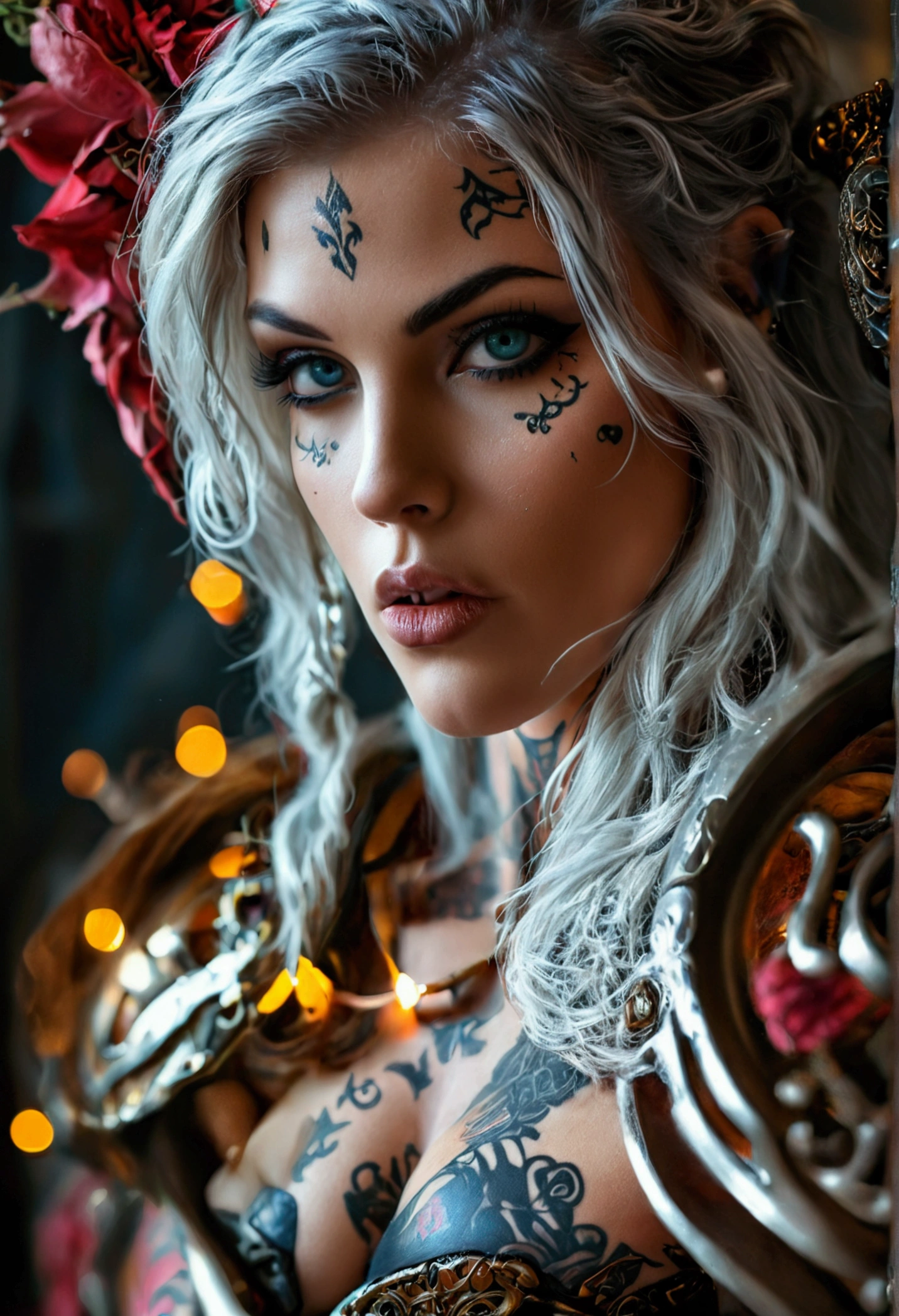 Create a hyper detailed photograph of a tattooed muscular young sexy female deathknight, Stunningly perfect gorgeous feminine face, perfect makeup, detailed vibrant eyes, long flowing hair, big beautiful muscular legs, big beautiful muscular arms, perfect hour glass body figure, detailed smooth skin, large breast, perfect round ass, complete full body view,