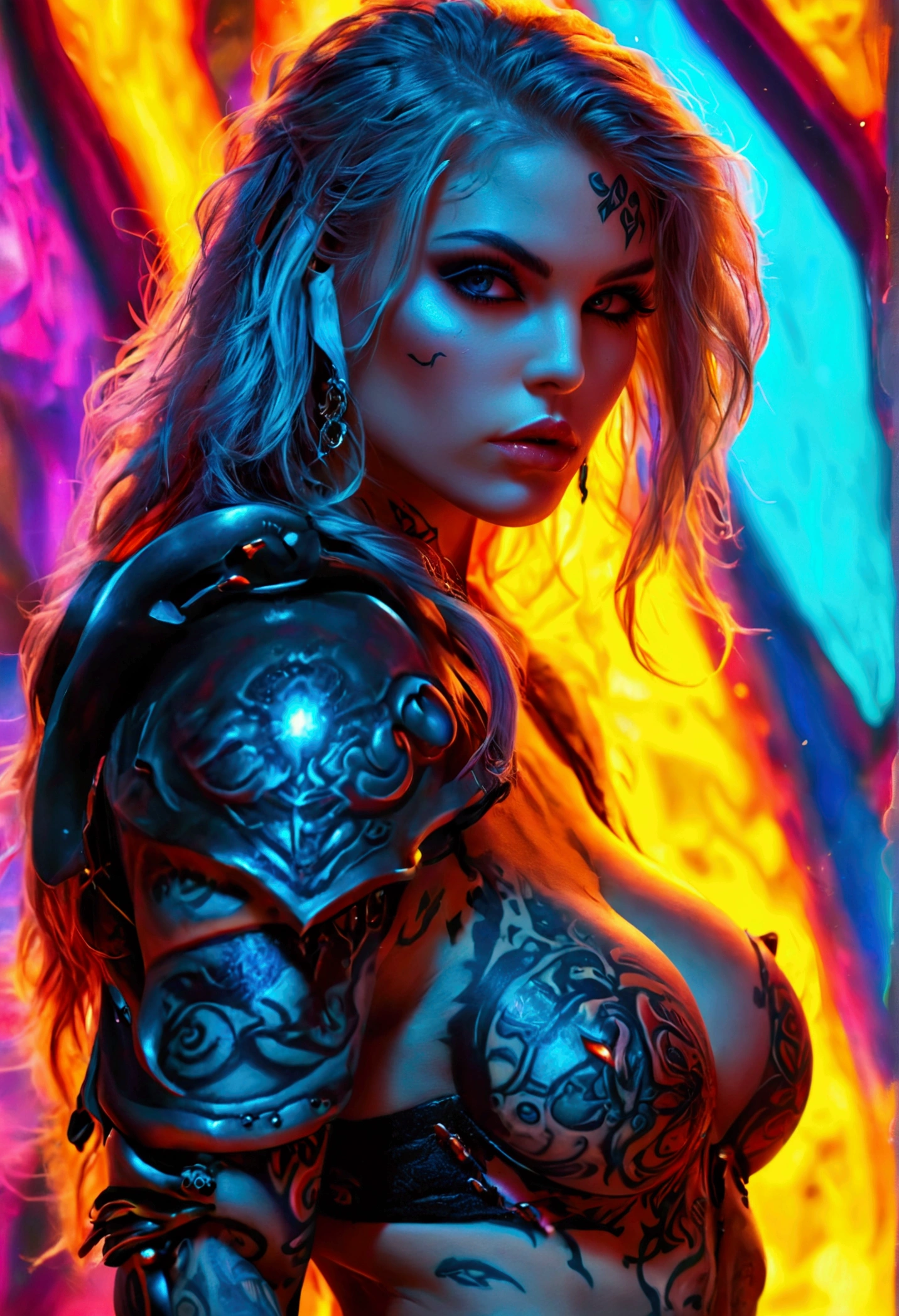 Create a hyper detailed photograph of a tattooed muscular young sexy female deathknight, Stunningly perfect gorgeous feminine face, perfect makeup, detailed vibrant eyes, long flowing hair, big beautiful muscular legs, big beautiful muscular arms, perfect hour glass body figure, detailed smooth skin, large breast, perfect round ass, complete full body view,