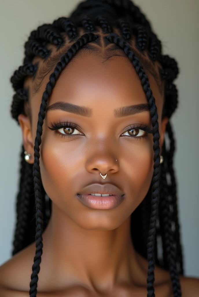 woman, 24 years, very lightskin, brown eyes, square face, hair braided in box braids style, silver septum piercing, babyhair