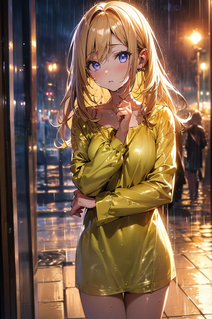 (master quality, amazing detail, amazing eyes), 1girl, out at night in the pouring rain wearing nothing but her pyjama top, the pyjama top is coloured mustard, mustard colour clothing, yellow top, extremely detailed purple eyes, depressed expression, extreme detail, various poses, short caramel blonde hair, 17-year-old, young woman, outside, very small B-cup breasts, lots of raindrops, heavy rain, very short caramel blonde hair, cinematic lighting, masterpiece, best quality, (depth of field hdr 8k 4k wallpaper cinematic angle, cinematic lighting:1.5), (masterpiece, best quality:2.0), detailed clothing, modern day, 