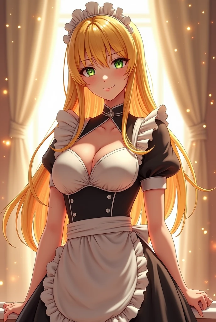 ((masterpiece)), (8k), intrincate details, (highly detailed), cinematic lighting, shading, (best quality), absurd, UHD, (ultra high-resolution), ((ultra-detailed)), cgi, ((lineart)), clear, vibrant colour, ((depth of field)), light particles, (hyper detailed), elaborated features, (volumetric lighting), BREAK
this is an anime figure of a tall blonde woman in a maid outfit, 1girl, breasts, solo, nipples, blonde hair, long hair, thighhighs, breastless clothes, green eyes, maid, pussy, uncensored, 1girl, pussy, solo, realistic, clitoris,huge breasts, smiles,(pepperoni nipples:1.3),(pink nipples),no epron,big hip