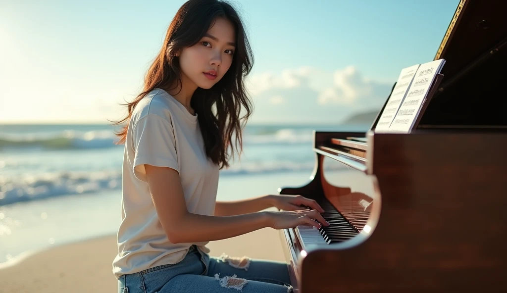 Stunning Young asian girl, , wearing tshirt and ripped jeans, playing a piano at the beach, looking at viewer, inspired by Li Di, a portrait by Wayne England, trending on cg society, looking to camera, arabesque, energetic jazz piano portrait, pianist, gorgeous woman, ashteroth, promo image, advertising photo, promotional image