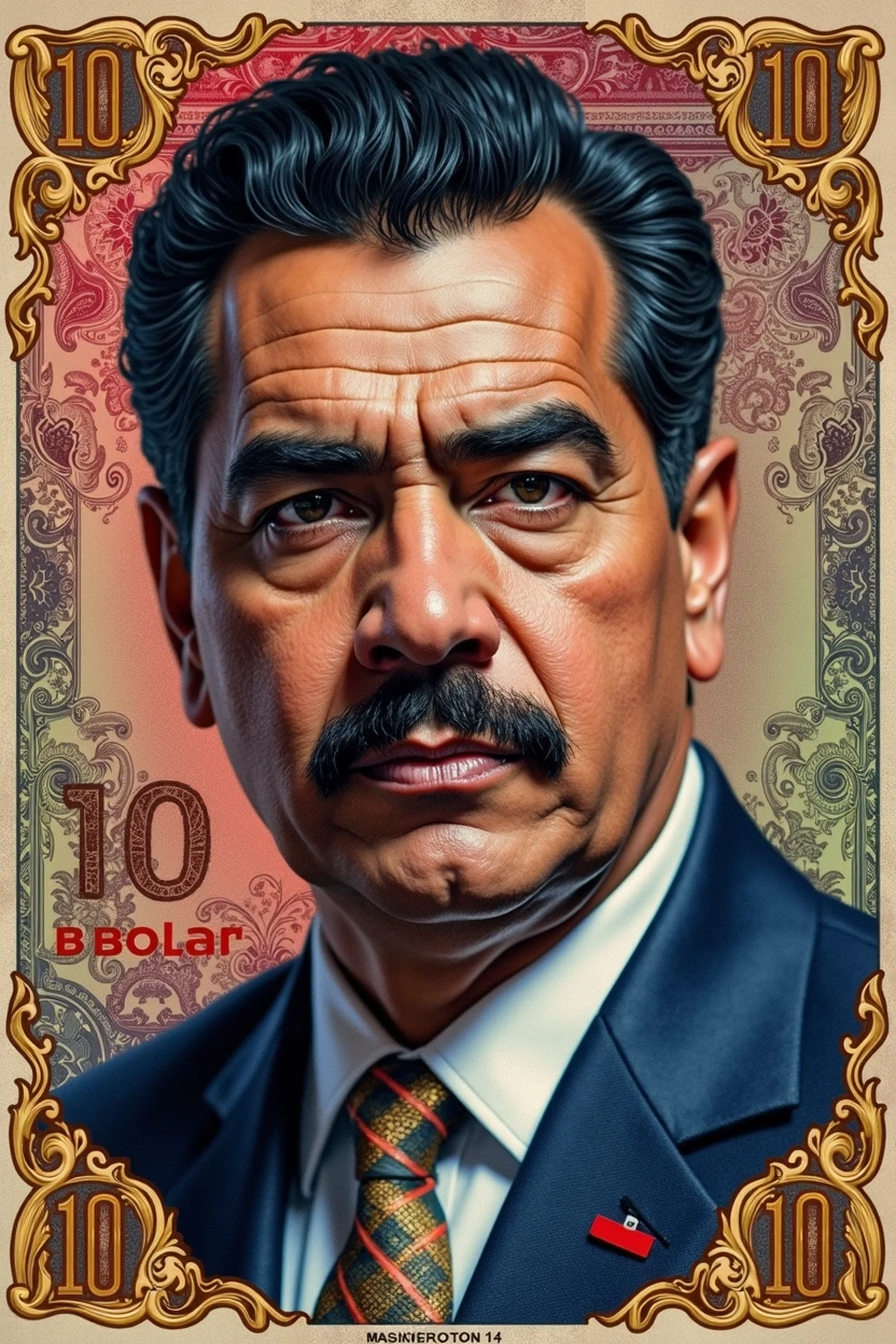 detailed portrait of Nicolas Maduro, Venezuelan 100 bolivar banknote, highly realistic, photorealistic, 8k, masterpiece, digital art, intricate details, gold trim, engraved texture, dramatic lighting, authoritative expression, presidential attire, realistic skin tones, crisp clarity, ornate design, complex patterns, vivid colors, chiaroscuro effect