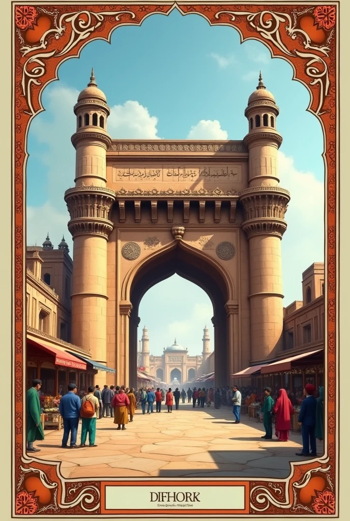 Create a Monopoly Property for the property “Dehli Gate Lahore” showcase its details just a normal monopoly card and also draw the little arch of Dehli Gate