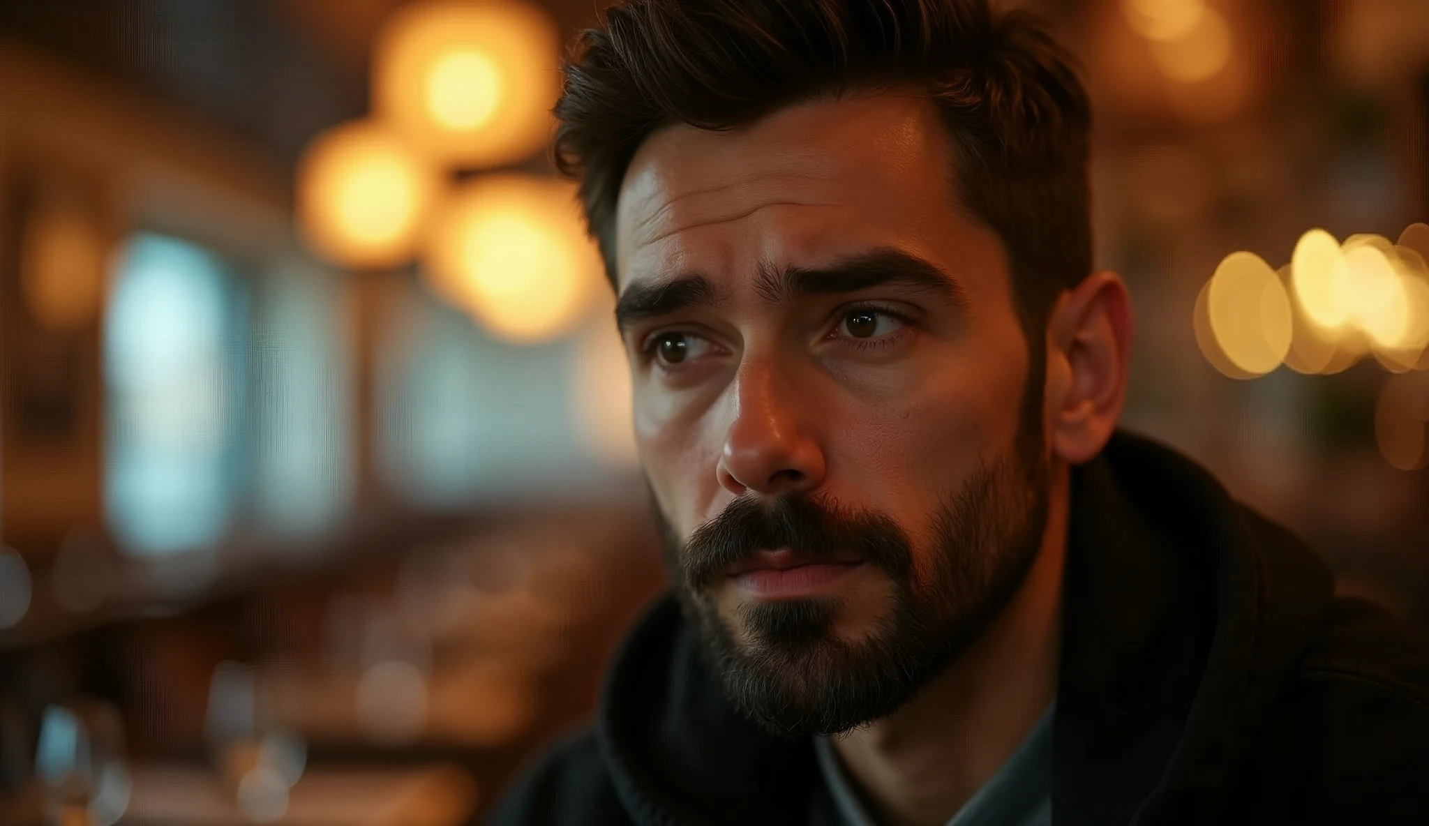Create a professional real photo of a man in a restaurant with warm, soft lighting in the style of a golden sunset. He should have short dark hair, neatly combed, and a sparse beard evenly distributed across his face, with a serious, thoughtful expression. The focus should be on his face and eyes, which are slightly off-center and aligned with the top third of the image. The light should enter from the side, creating a soft contrast between light and shadow, highlighting the angular features of the face and adding depth with subtle shadows. The background should be blurred, creating a soft bokeh with indistinct details that suggest the presence of tables and chairs. The color palette should be dominated by warm tones of gold, orange and brown, with an emphasis on a warm, introspective atmosphere. Depth of field should be shallow, isolating the subject from the background, and sharpness should be maximum in the face and eyes, while the rest of the image is blurred. The composition should follow the rule of thirds, with the camera positioned slightly below the man's eye line to create a slight sense of elevation. The image should be of high resolution and professional photographic quality, with attention to detail and realism.
