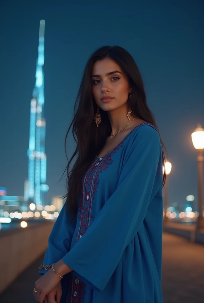 a wanna a realistic picture of human girl who is exact  replica of ayeza khan having dimples and fair skin wearing eastern shalwar kamees of blue color dress standing on bridge from which clearly seen burjh khalifa full view she is far away from camera night view of full burjh khalifa tower are in front